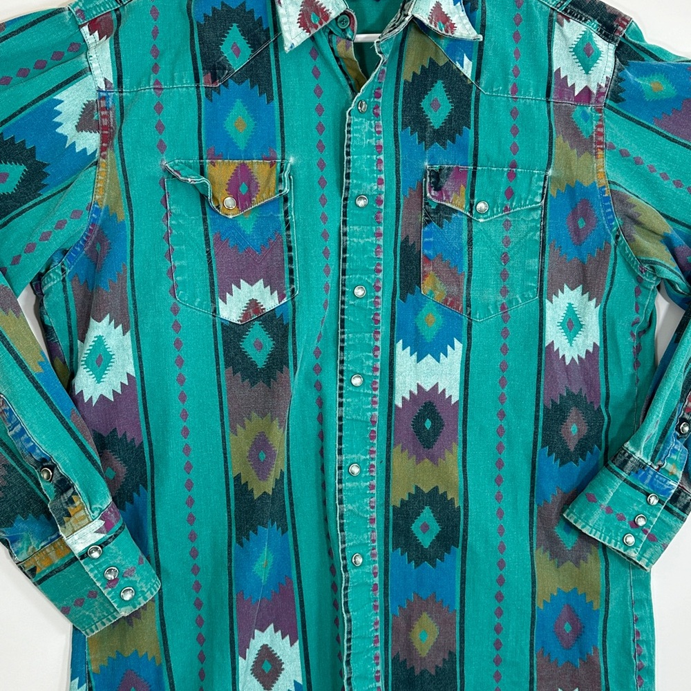 Vintage Wrangler Brushpopper Pearl Snap Shirt 16.5/35 Striped Aztec 90s USA RARE - Picture 4 of 12